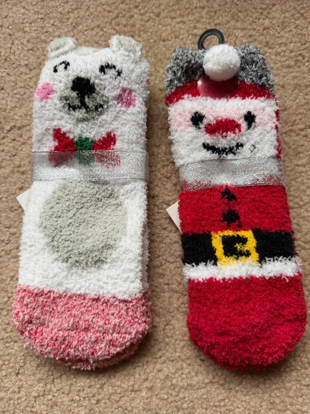 Holiday Time Cozy Christmas Slipper Socks Santa Bear 2 Pairs kids Size 4-10